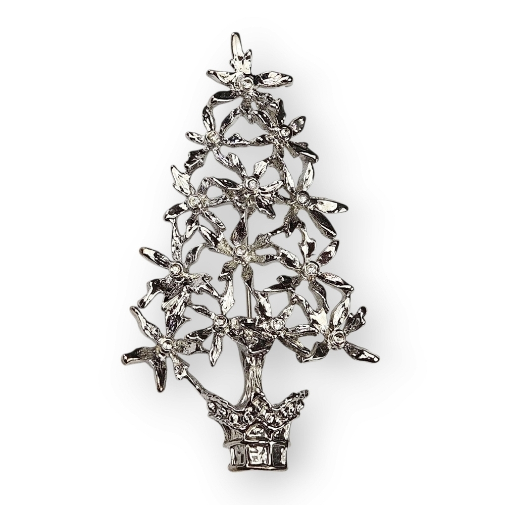 Vintage Christmas Tree Brooch White Crystal Shiny Rhodium Plated Holiday 2.5"